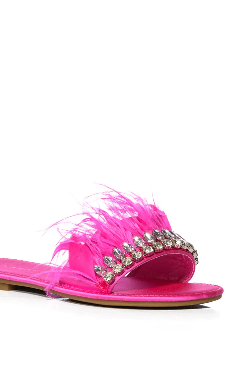 AZALEA WANG FEATHER FLAT SANDAL IN FUCHSIA