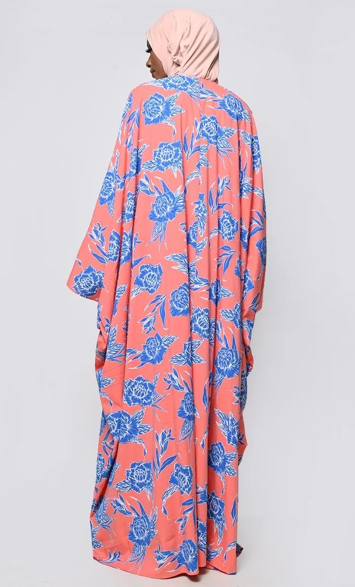 Contrasted Floral Printed Applique Work Detailing Full Flairy Kaftan - Final Sale