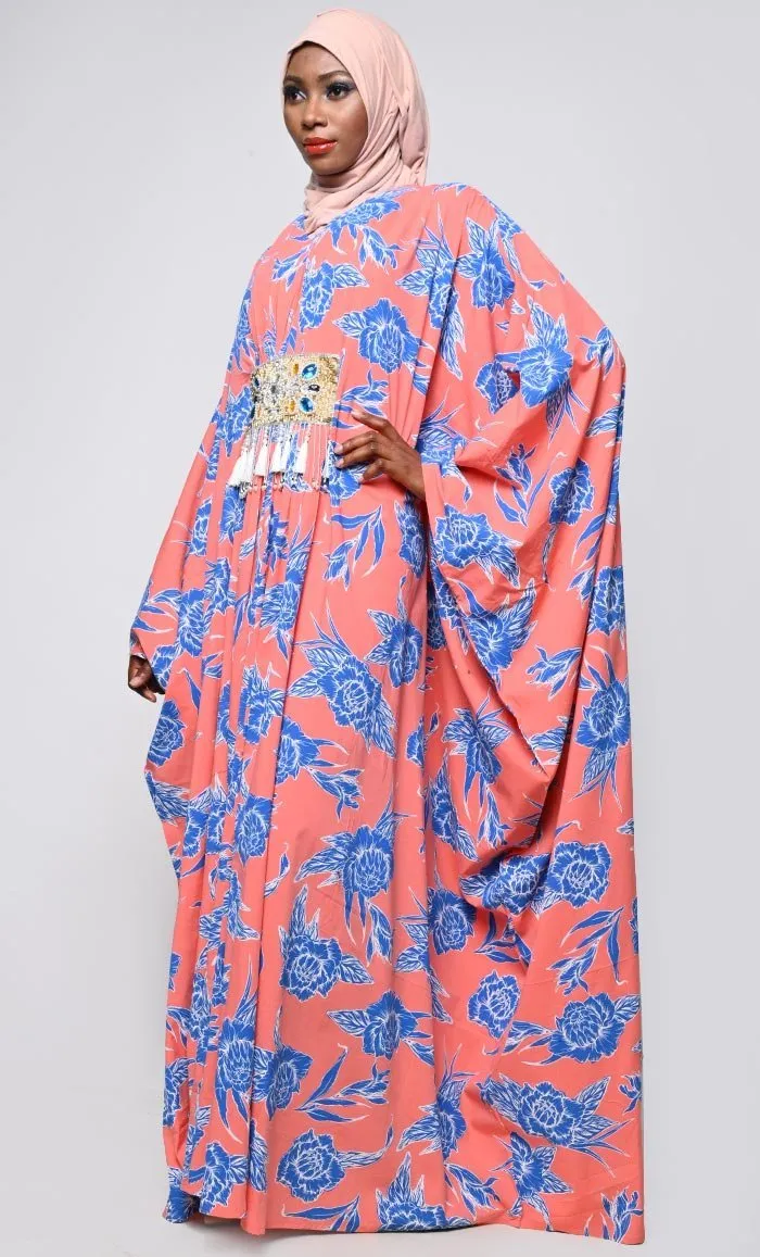 Contrasted Floral Printed Applique Work Detailing Full Flairy Kaftan - Final Sale