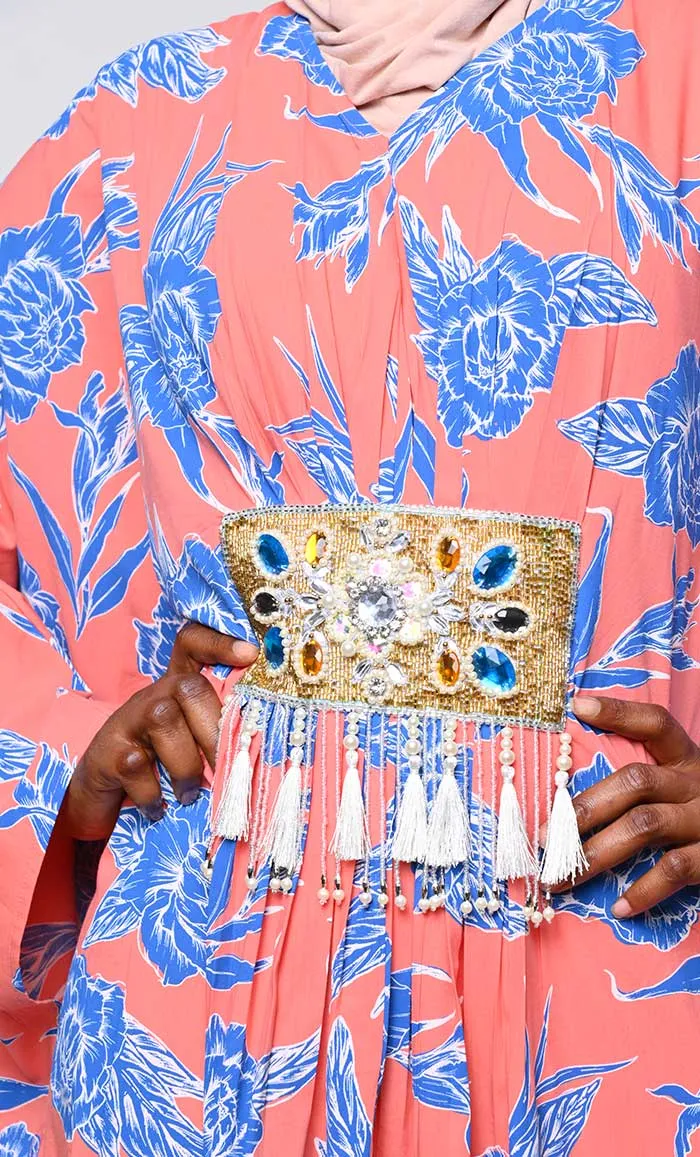 Contrasted Floral Printed Applique Work Detailing Full Flairy Kaftan - Final Sale