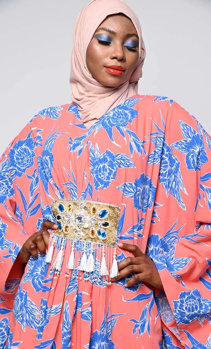 Contrasted Floral Printed Applique Work Detailing Full Flairy Kaftan - Final Sale