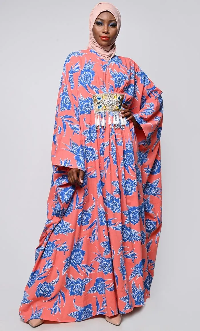 Contrasted Floral Printed Applique Work Detailing Full Flairy Kaftan - Final Sale