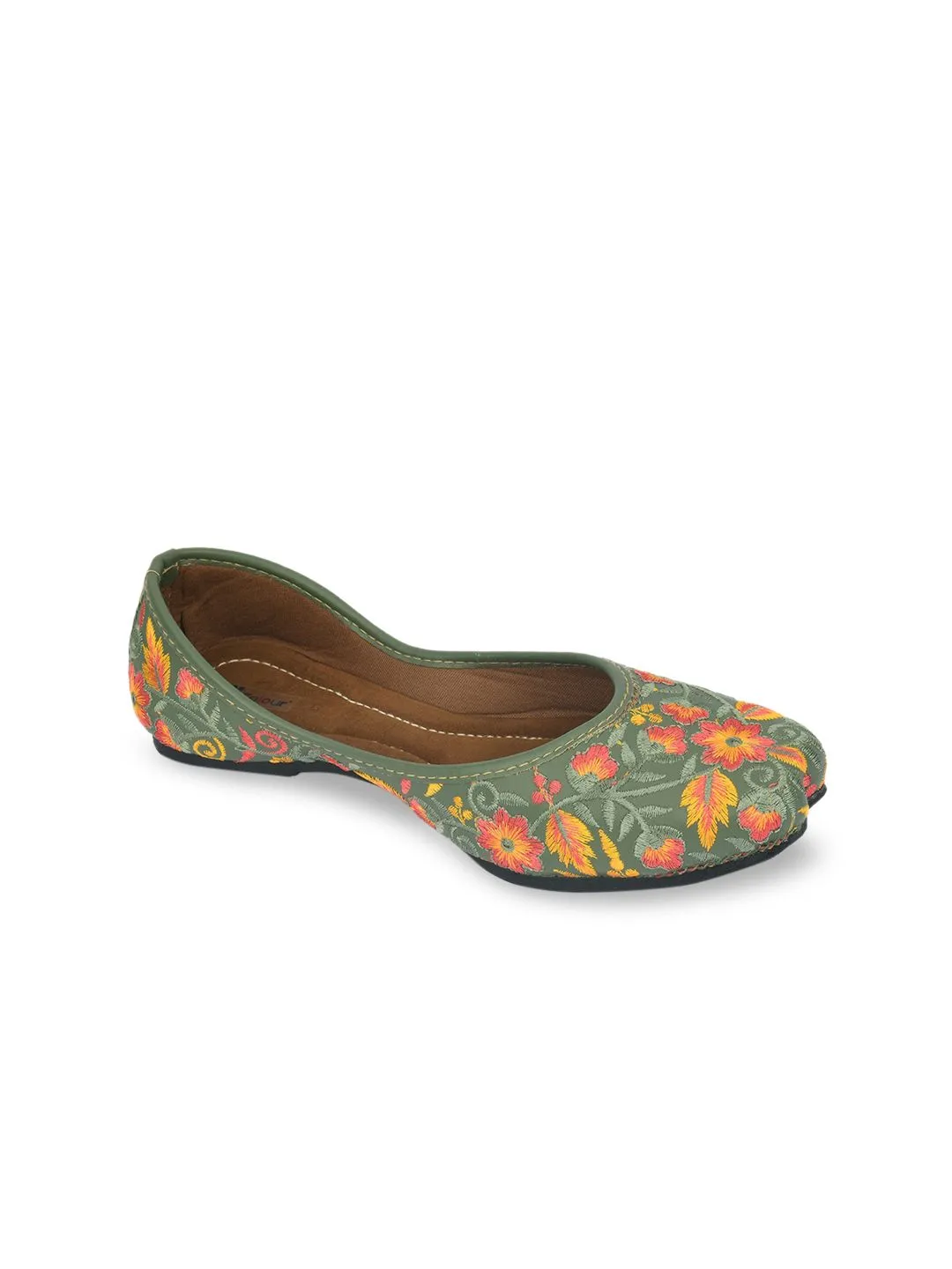 DESI COLOUR Women Green Printed Leather Ethnic Mojaris