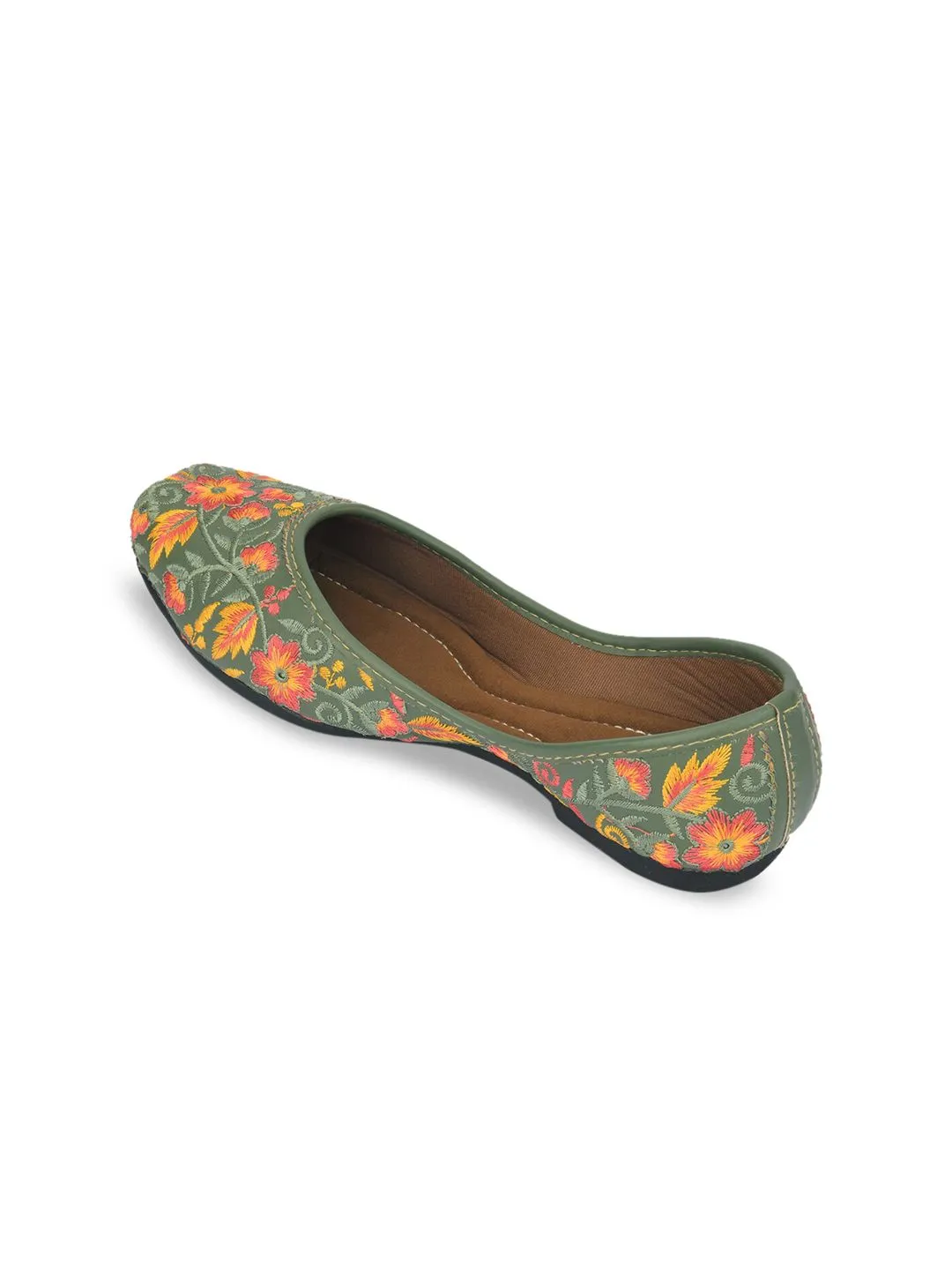 DESI COLOUR Women Green Printed Leather Ethnic Mojaris