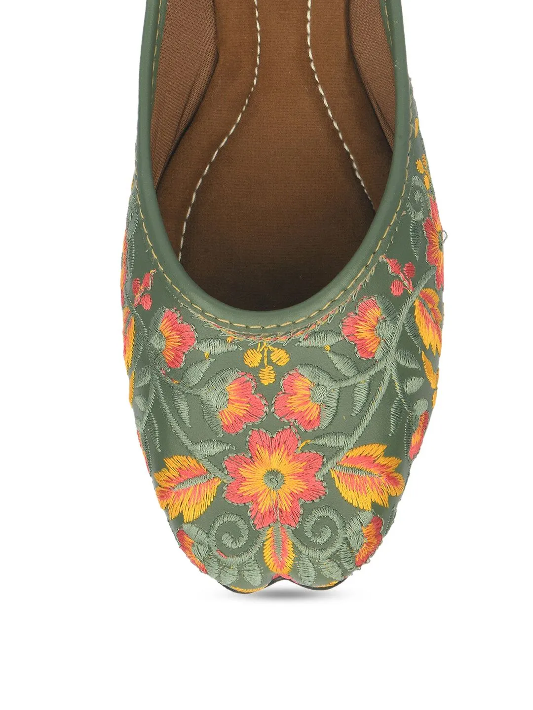 DESI COLOUR Women Green Printed Leather Ethnic Mojaris