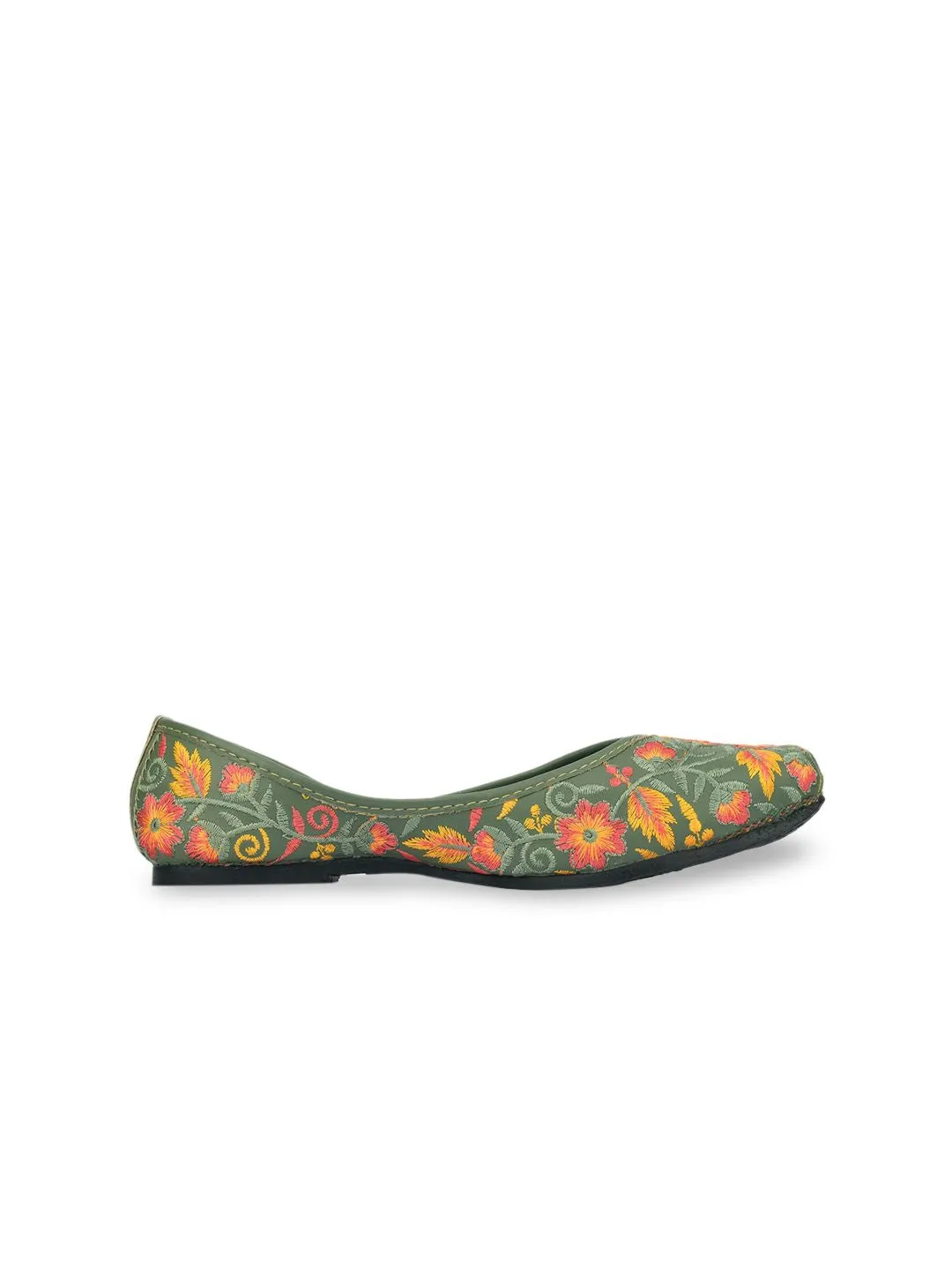 DESI COLOUR Women Green Printed Leather Ethnic Mojaris