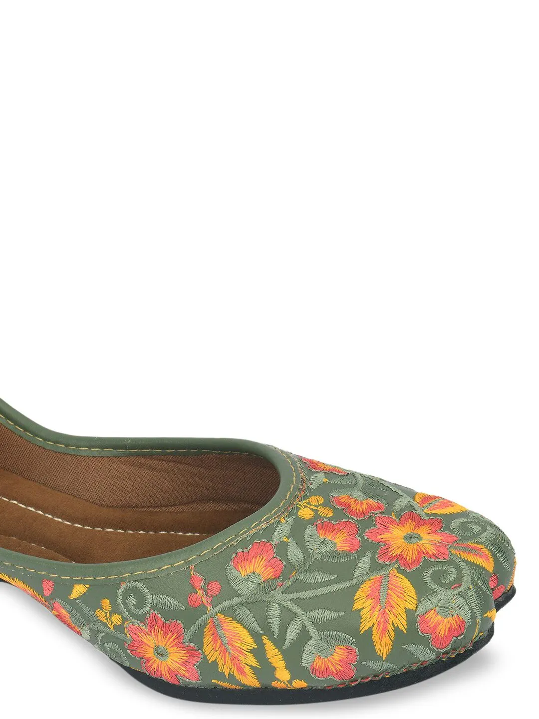 DESI COLOUR Women Green Printed Leather Ethnic Mojaris