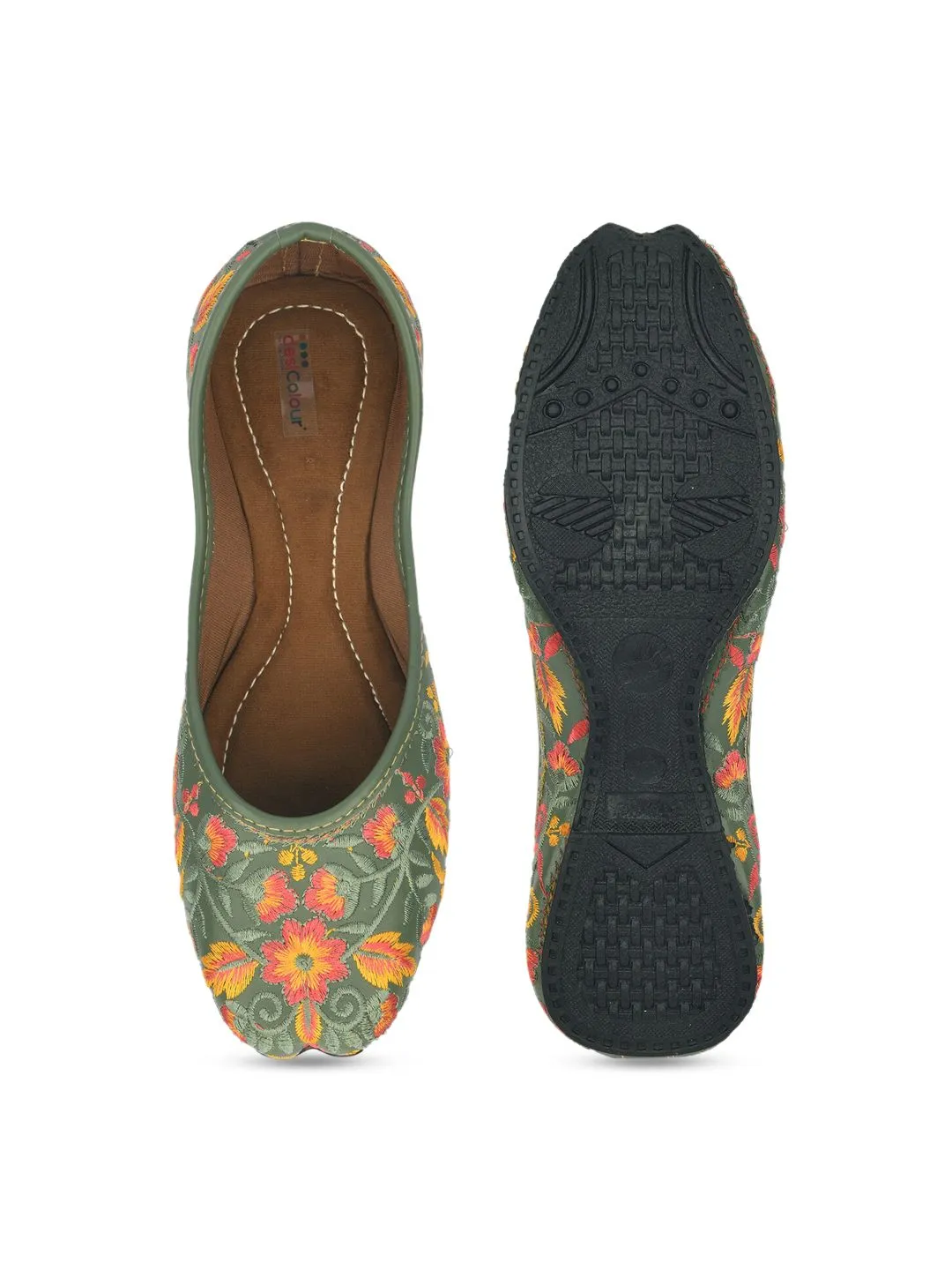 DESI COLOUR Women Green Printed Leather Ethnic Mojaris