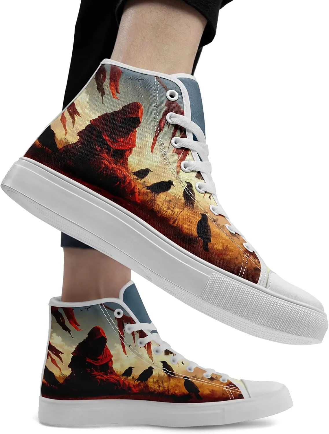 Gothic Skull High Top Canvas Sneakers for Men Women Butterflies Flames Flower Vivid Lace up Flat Casual Walking Shoes