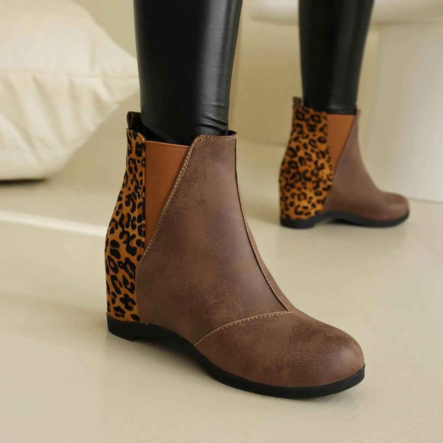 Wedge Boots for Women Arch Support,Womens Comfortable Ankle Wedge Booties Elastic Slip On Faux Leather Booties Patchwork Leopard Fashion Hidden Heeled Wedge Ankle Booties Wide