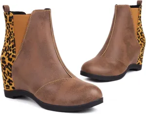 Wedge Boots for Women Arch Support,Womens Comfortable Ankle Wedge Booties Elastic Slip On Faux Leather Booties Patchwork Leopard Fashion Hidden Heeled Wedge Ankle Booties Wide