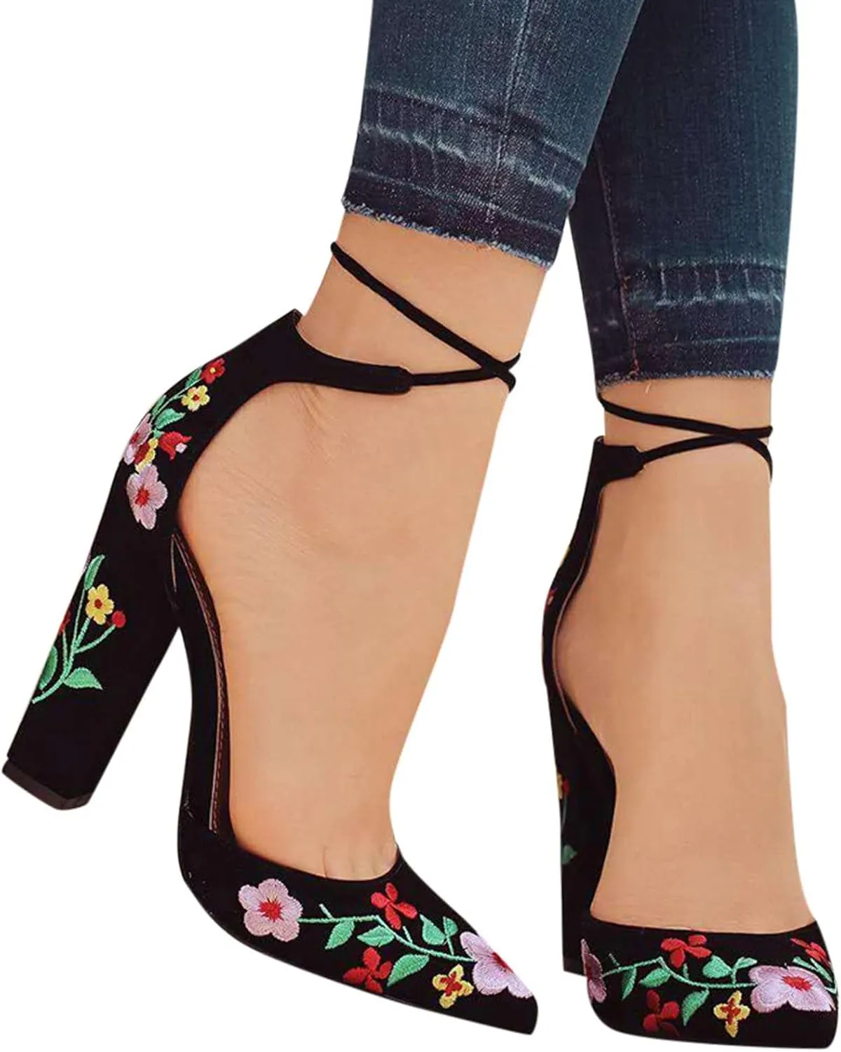 Women's Block High Heel Pumps Dress Sandal Close Pointed Toe Embroidered Ankle Strap Flowers Part Wedding Shoes