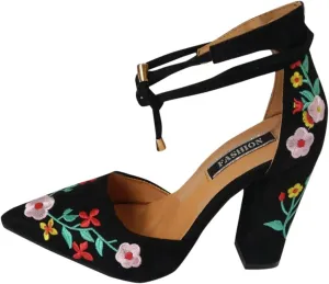 Women's Block High Heel Pumps Dress Sandal Close Pointed Toe Embroidered Ankle Strap Flowers Part Wedding Shoes