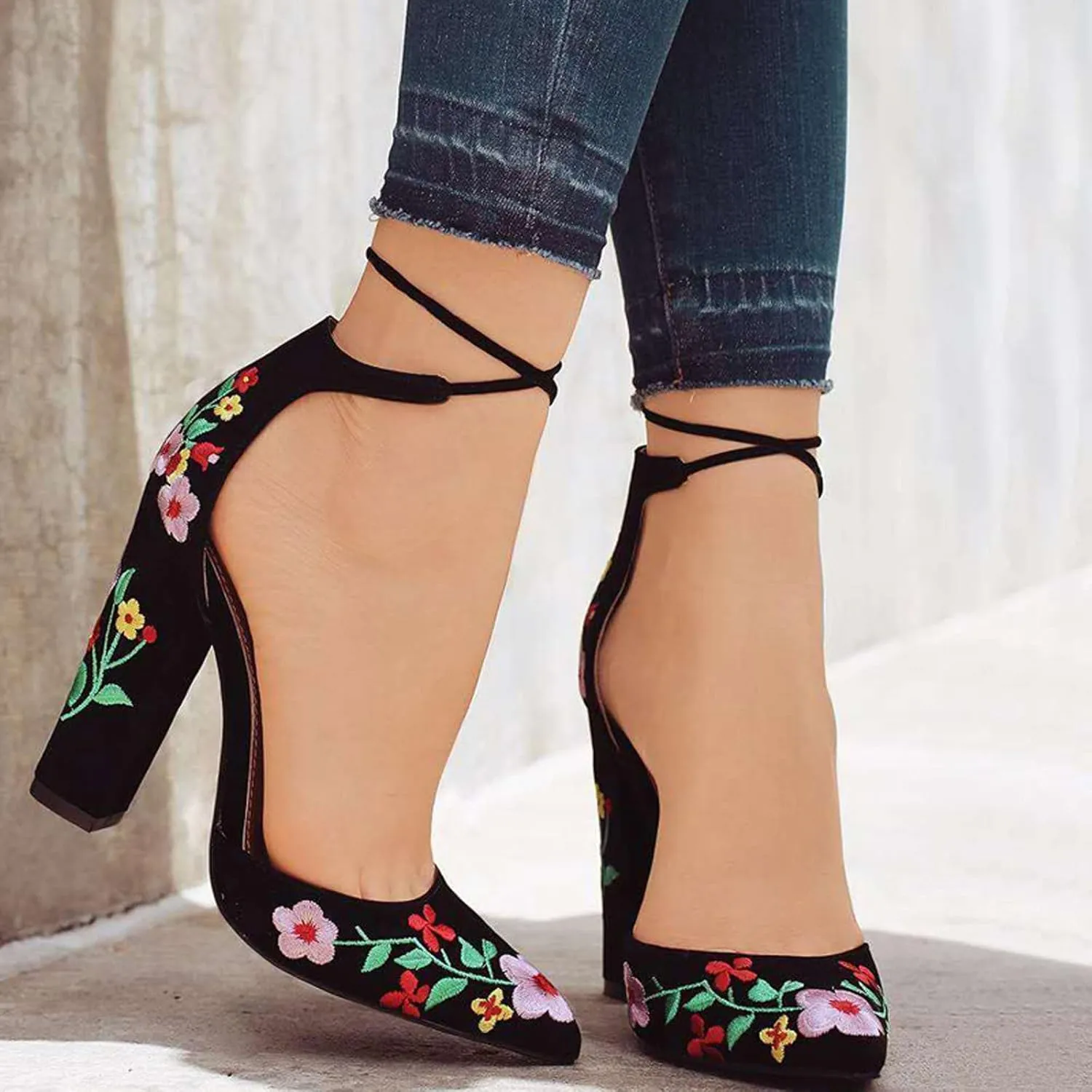 Women's Block High Heel Pumps Dress Sandal Close Pointed Toe Embroidered Ankle Strap Flowers Part Wedding Shoes