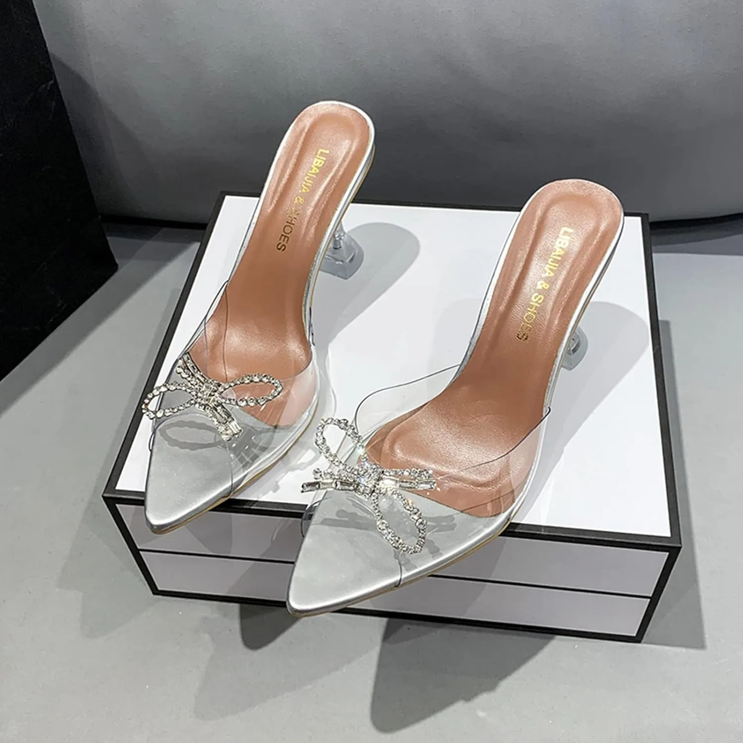 Womens Chunky Heel Sandals Square Toe Transparent Stiletto Bow Clear Low Heeled Slippers Open Toe Slip on Dress Shoes