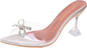Womens Chunky Heel Sandals Square Toe Transparent Stiletto Bow Clear Low Heeled Slippers Open Toe Slip on Dress Shoes